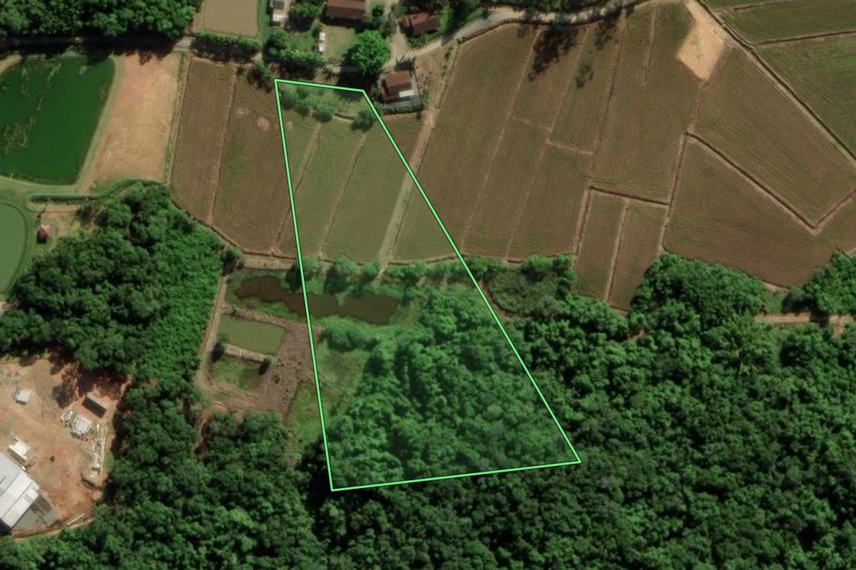 Imagem de satélite do imóvel rural em Guaramirim (SC), com o contorno declarado no CAR desenhado por cima.