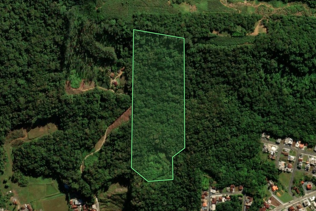 Imagem de satélite do imóvel rural em Guaramirim (SC), com o contorno declarado no CAR desenhado por cima.