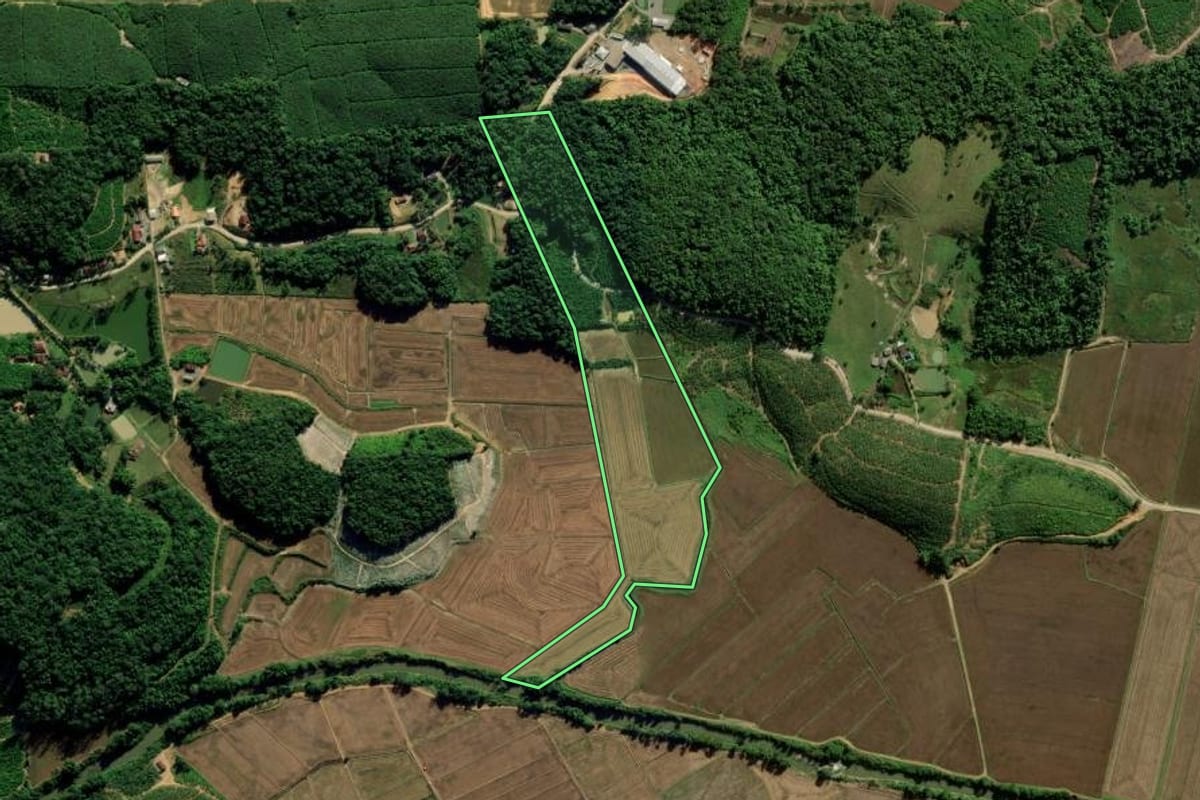 Imagem de satélite do imóvel rural em Guaramirim (SC), com o contorno declarado no CAR desenhado por cima.