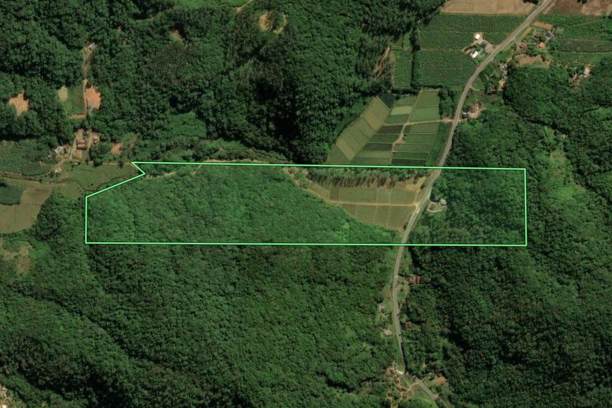 Imagem de satélite do imóvel rural em Guaramirim (SC), com o contorno declarado no CAR desenhado por cima.
