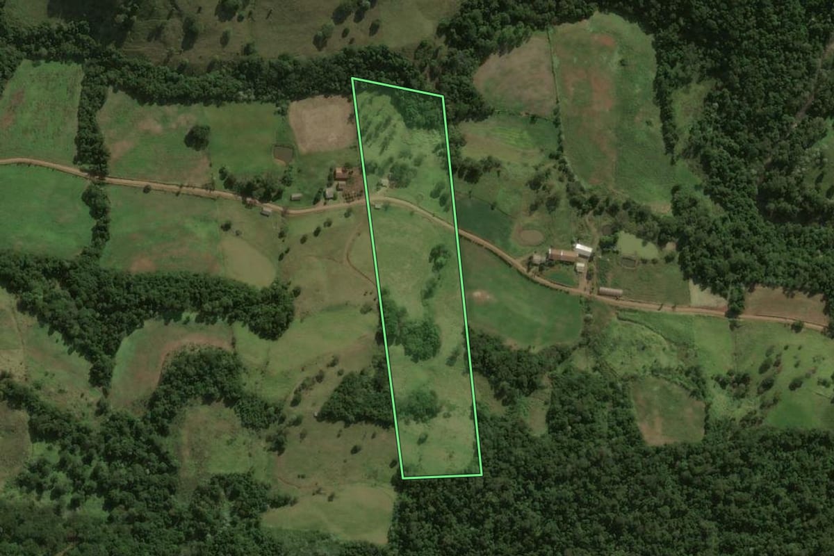 Imagem de satélite do imóvel rural em Guarujá do Sul (SC), com o contorno declarado no CAR desenhado por cima.