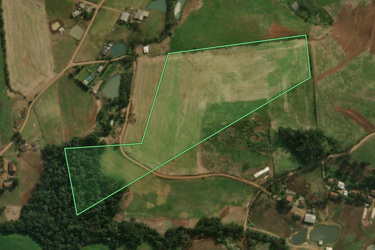 Imagem de satélite do imóvel rural em Guarujá do Sul (SC), com o contorno declarado no CAR desenhado por cima.
