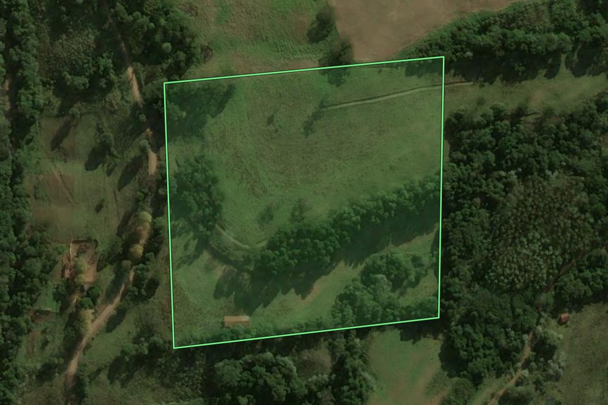 Imagem de satélite do imóvel rural em Guarujá do Sul (SC), com o contorno declarado no CAR desenhado por cima.