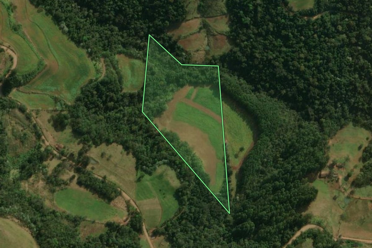 Imagem de satélite do imóvel rural em Guarujá do Sul (SC), com o contorno declarado no CAR desenhado por cima.