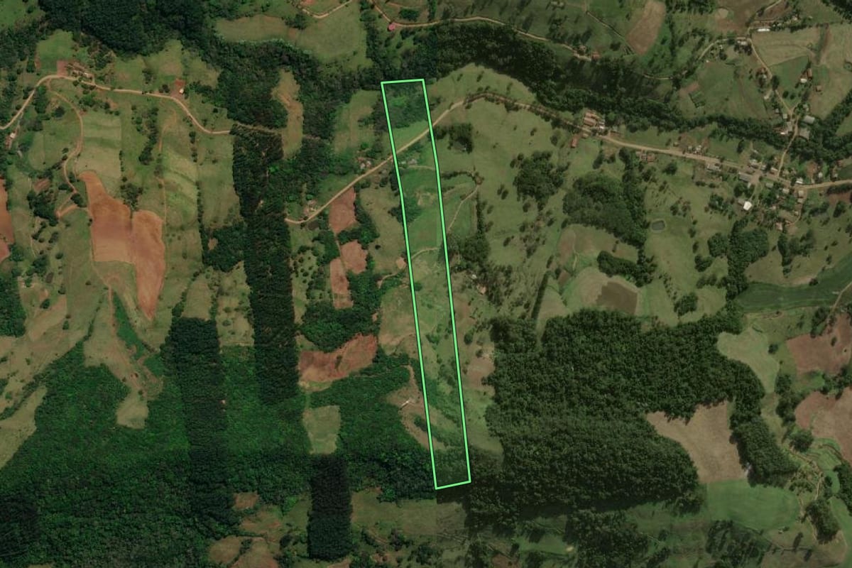 Imagem de satélite do imóvel rural em Guarujá do Sul (SC), com o contorno declarado no CAR desenhado por cima.