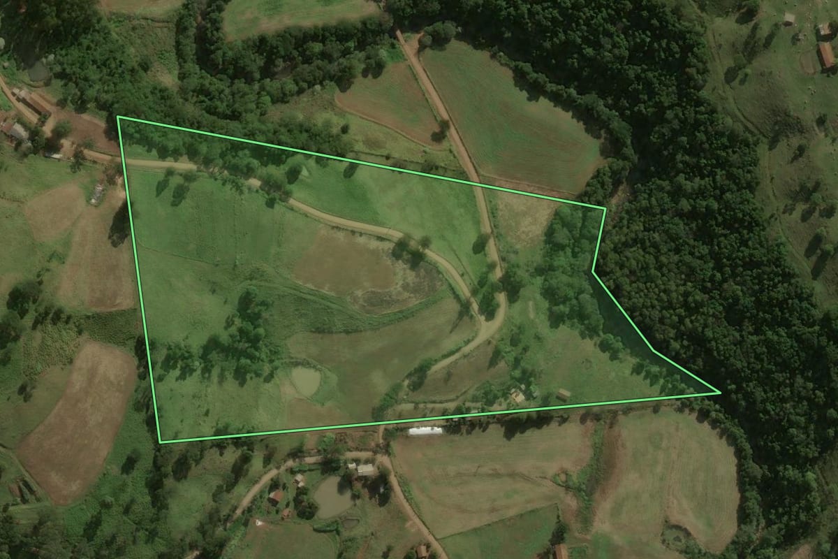 Imagem de satélite do imóvel rural em Guarujá do Sul (SC), com o contorno declarado no CAR desenhado por cima.