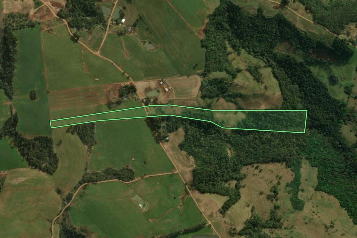 Imagem de satélite do imóvel rural em Guarujá do Sul (SC), com o contorno declarado no CAR desenhado por cima.