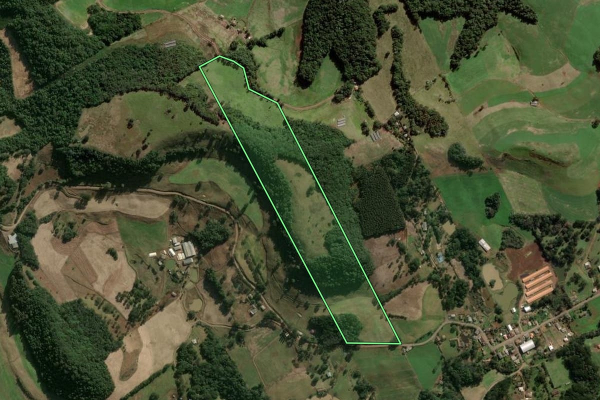 Imagem de satélite do imóvel rural em Herval d'Oeste (SC), com o contorno declarado no CAR desenhado por cima.