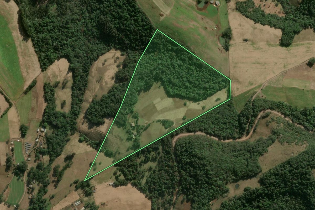 Imagem de satélite do imóvel rural em Herval d'Oeste (SC), com o contorno declarado no CAR desenhado por cima.