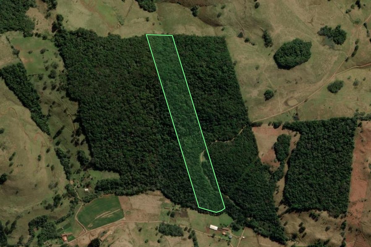 Imagem de satélite do imóvel rural em Herval d'Oeste (SC), com o contorno declarado no CAR desenhado por cima.