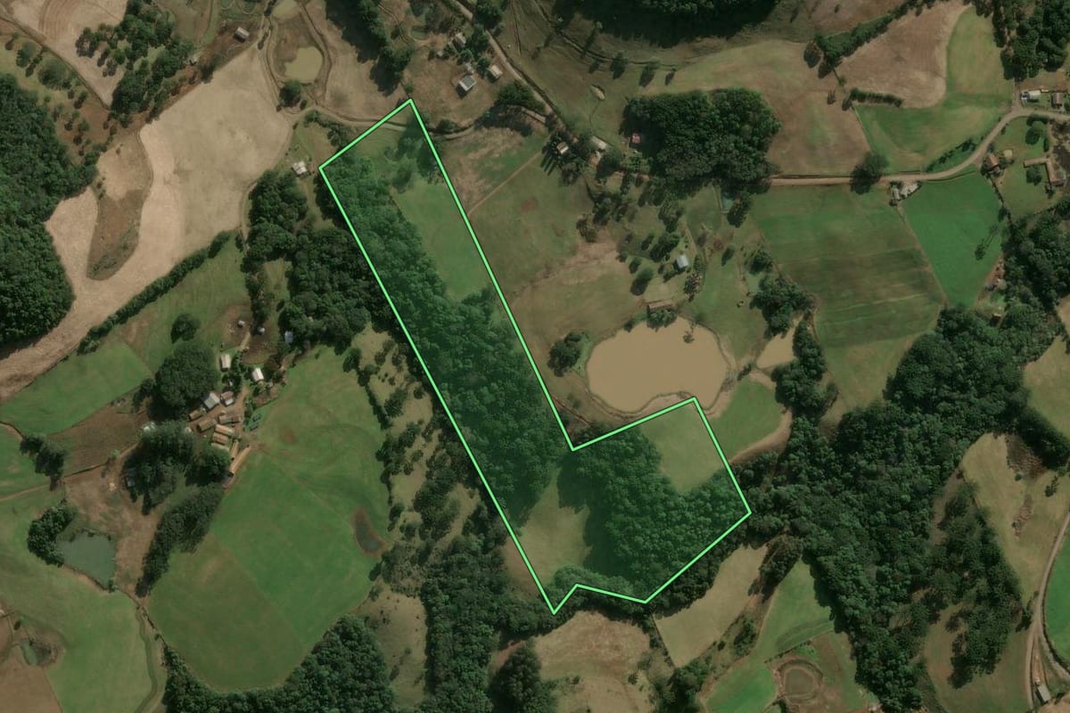 Imagem de satélite do imóvel rural em Herval d'Oeste (SC), com o contorno declarado no CAR desenhado por cima.