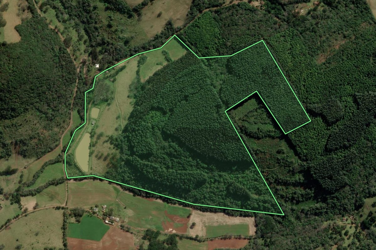 Imagem de satélite do imóvel rural em Herval d'Oeste (SC), com o contorno declarado no CAR desenhado por cima.