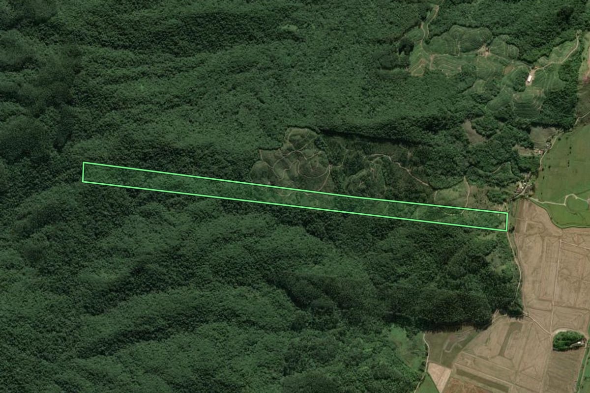 Imagem de satélite do imóvel rural em Ilhota (SC), com o contorno declarado no CAR desenhado por cima.