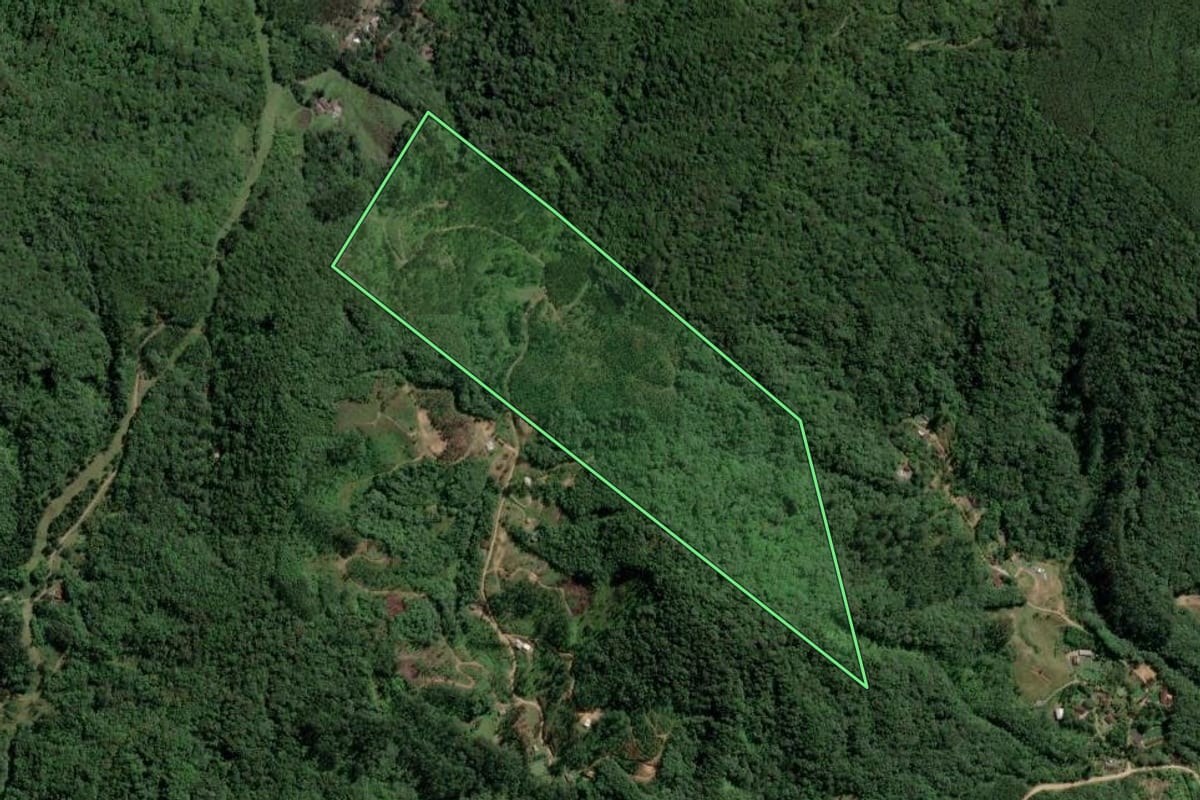 Imagem de satélite do imóvel rural em Ilhota (SC), com o contorno declarado no CAR desenhado por cima.