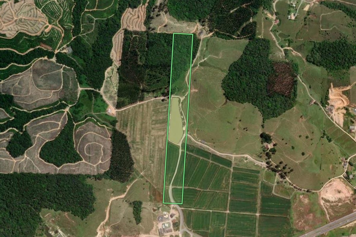 Imagem de satélite do imóvel rural em Ilhota (SC), com o contorno declarado no CAR desenhado por cima.