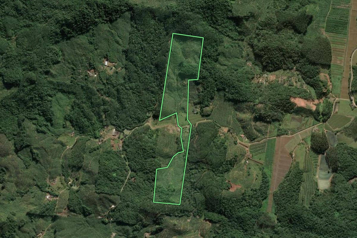 Imagem de satélite do imóvel rural em Ilhota (SC), com o contorno declarado no CAR desenhado por cima.