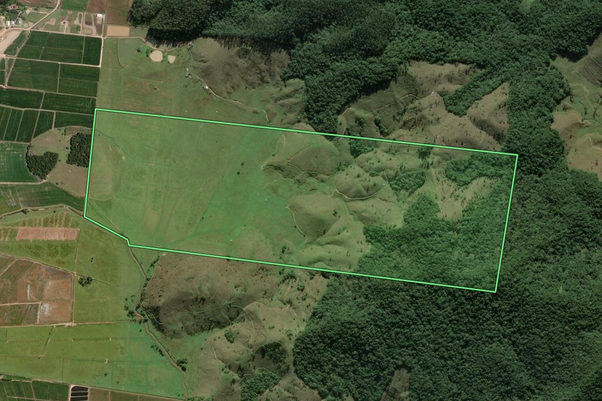 Imagem de satélite do imóvel rural em Ilhota (SC), com o contorno declarado no CAR desenhado por cima.