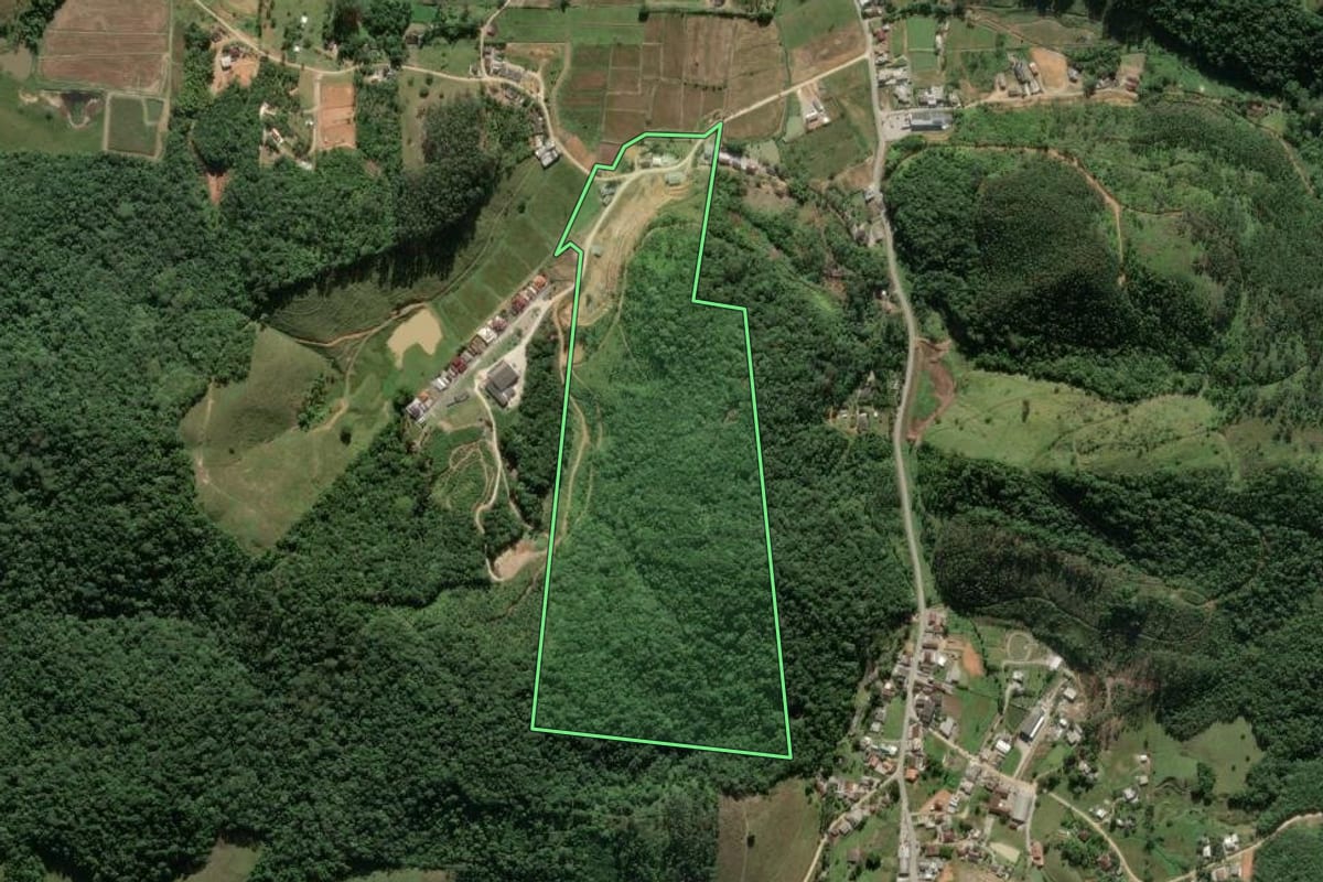Imagem de satélite do imóvel rural em Ilhota (SC), com o contorno declarado no CAR desenhado por cima.