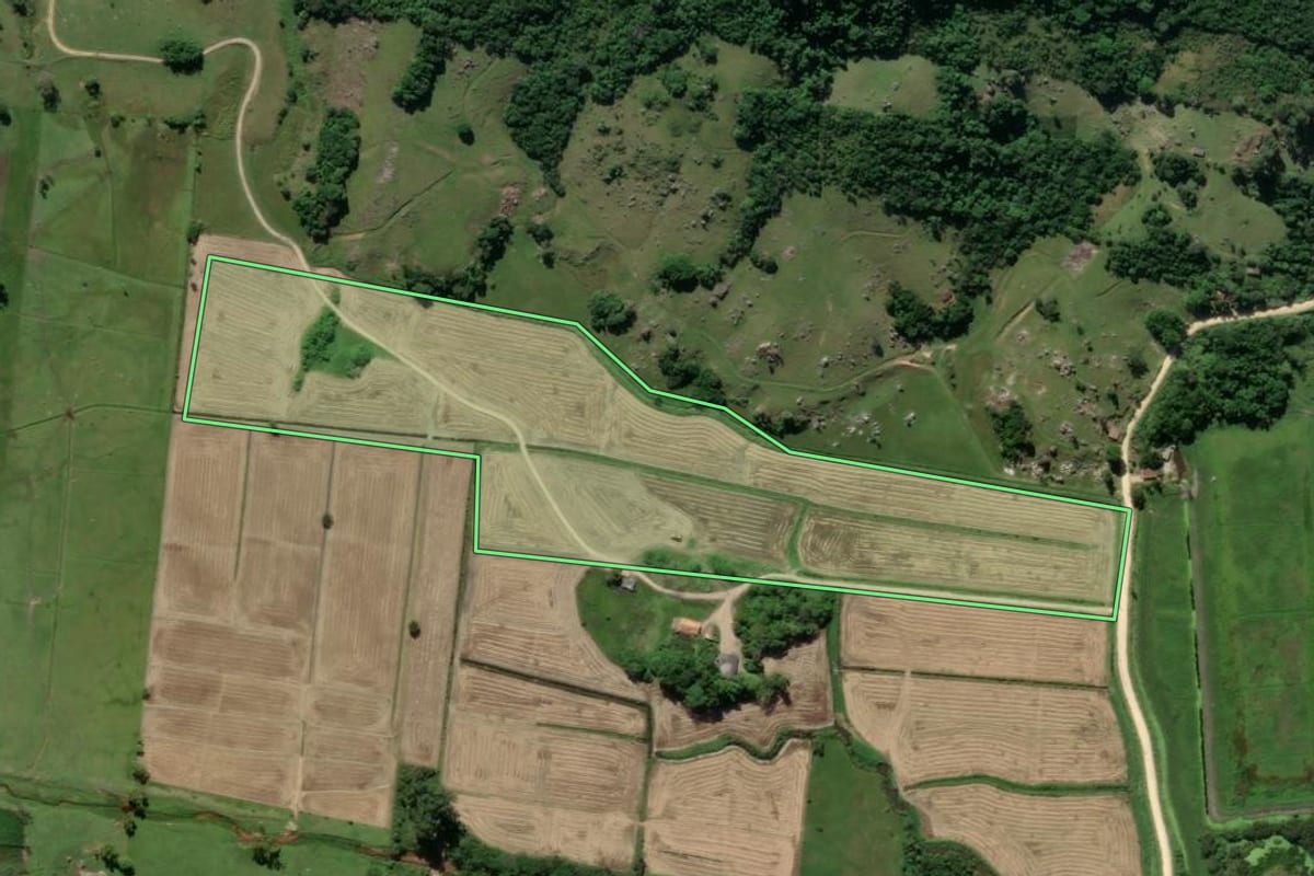 Imagem de satélite do imóvel rural em Imaruí (SC), com o contorno declarado no CAR desenhado por cima.