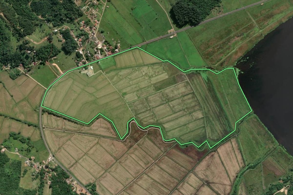 Imagem de satélite do imóvel rural em Imaruí (SC), com o contorno declarado no CAR desenhado por cima.
