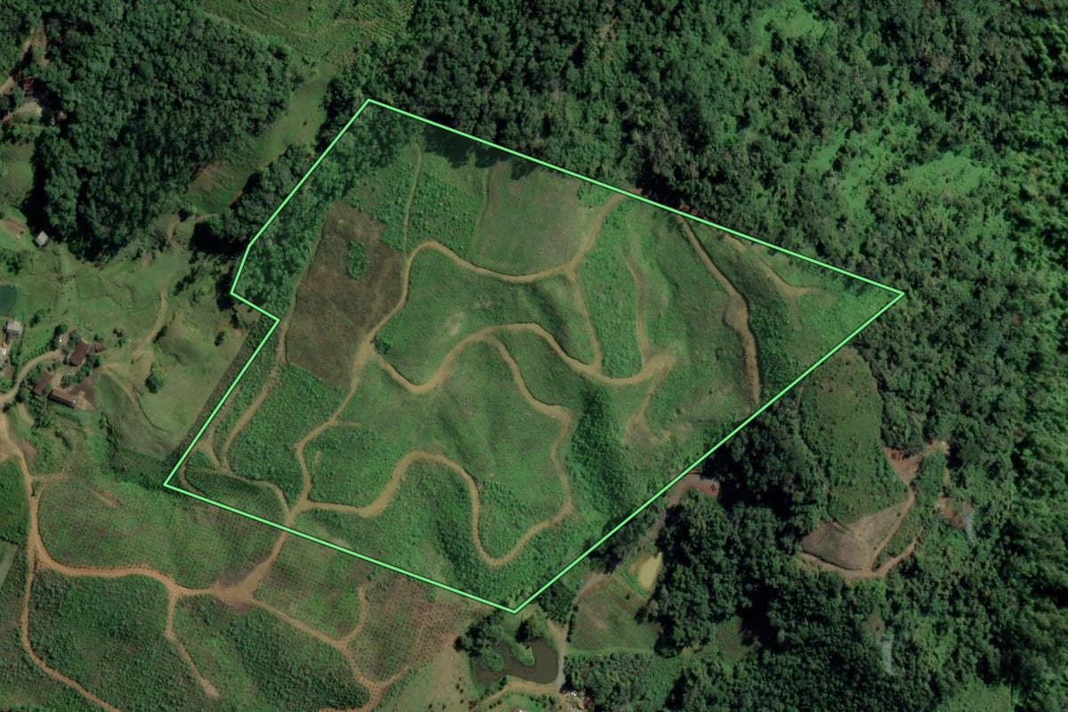 Imagem de satélite do imóvel rural em Indaial (SC), com o contorno declarado no CAR desenhado por cima.