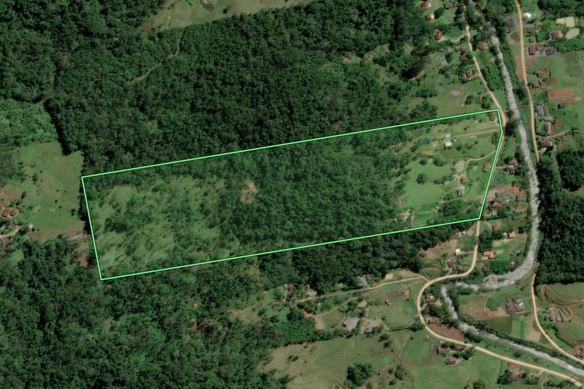 Imagem de satélite do imóvel rural em Indaial (SC), com o contorno declarado no CAR desenhado por cima.