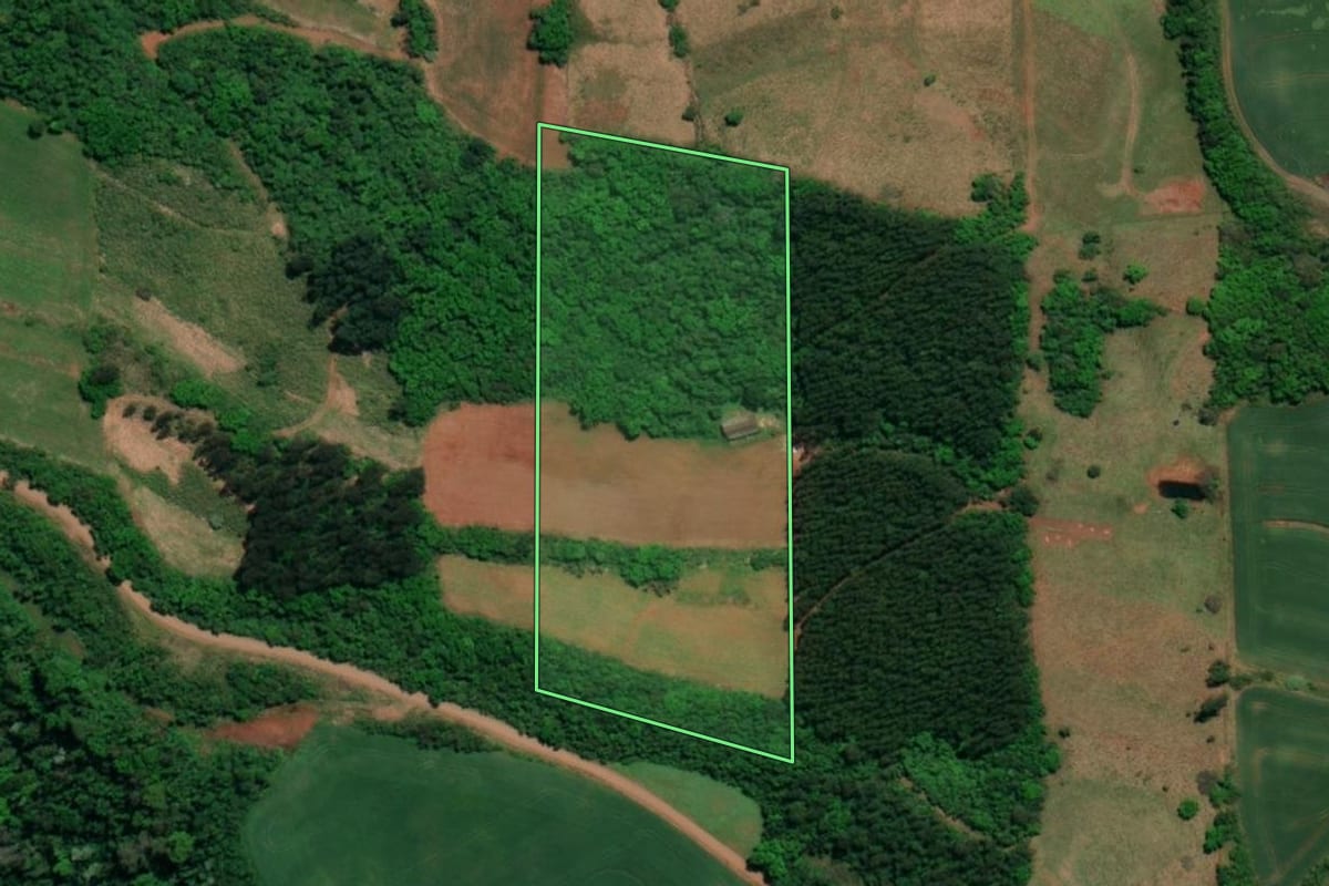 Imagem de satélite do imóvel rural em Iporã do Oeste (SC), com o contorno declarado no CAR desenhado por cima.
