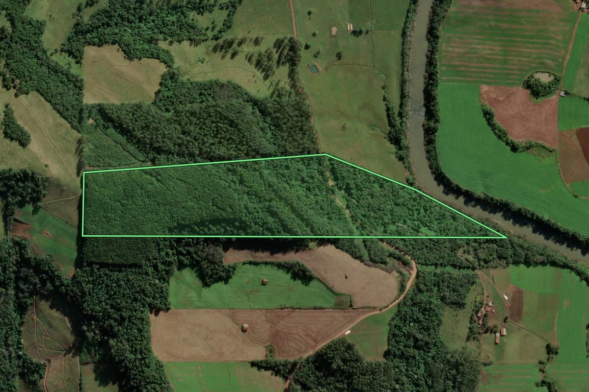 Imagem de satélite do imóvel rural em Iporã do Oeste (SC), com o contorno declarado no CAR desenhado por cima.
