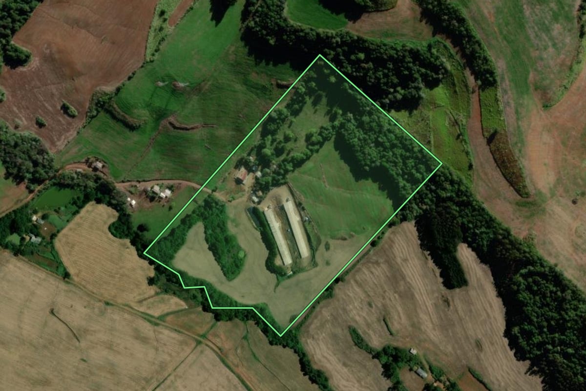 Imagem de satélite do imóvel rural em Ipuaçu (SC), com o contorno declarado no CAR desenhado por cima.