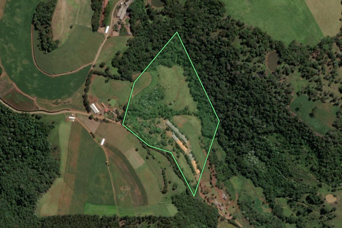 Imagem de satélite do imóvel rural em Ipumirim (SC), com o contorno declarado no CAR desenhado por cima.