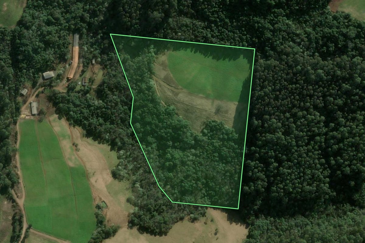 Imagem de satélite do imóvel rural em Ipumirim (SC), com o contorno declarado no CAR desenhado por cima.