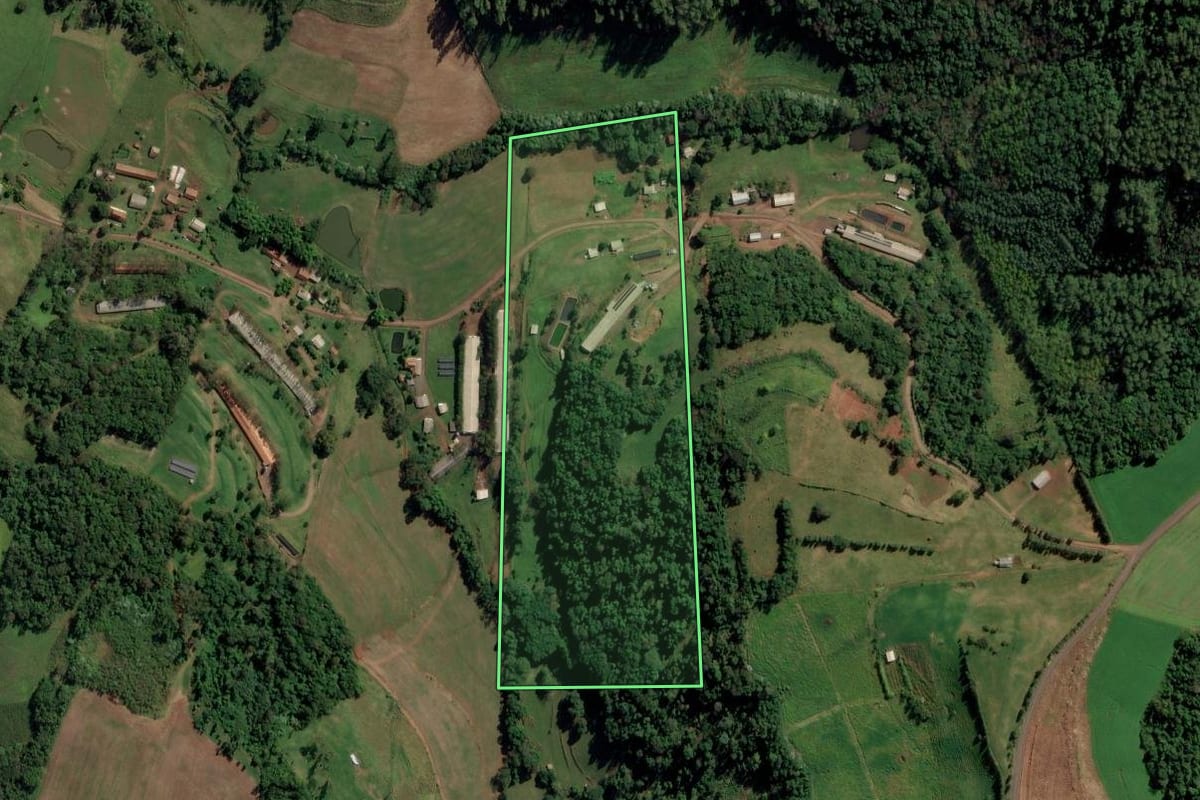 Imagem de satélite do imóvel rural em Iraceminha (SC), com o contorno declarado no CAR desenhado por cima.