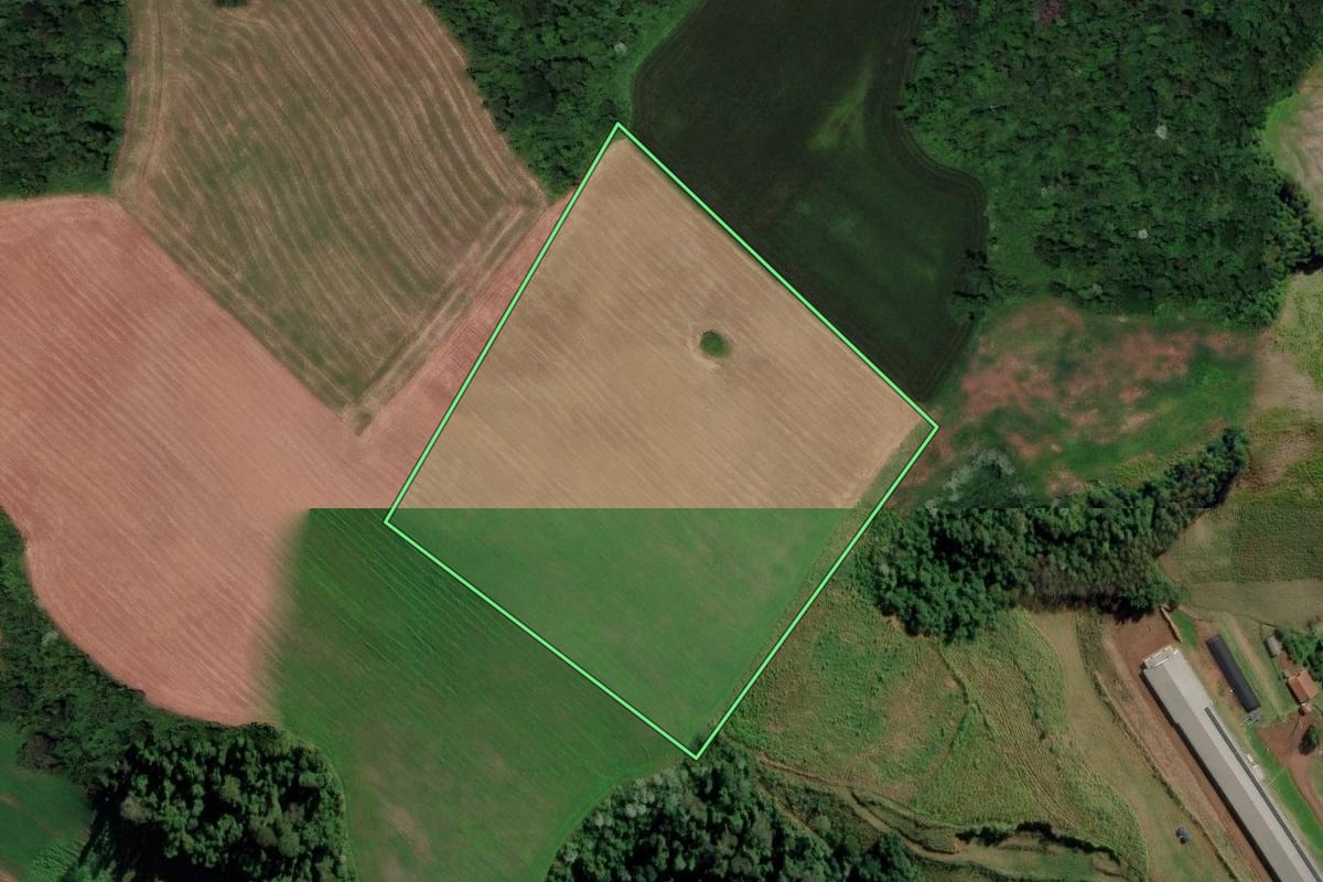 Imagem de satélite do imóvel rural em Iraceminha (SC), com o contorno declarado no CAR desenhado por cima.