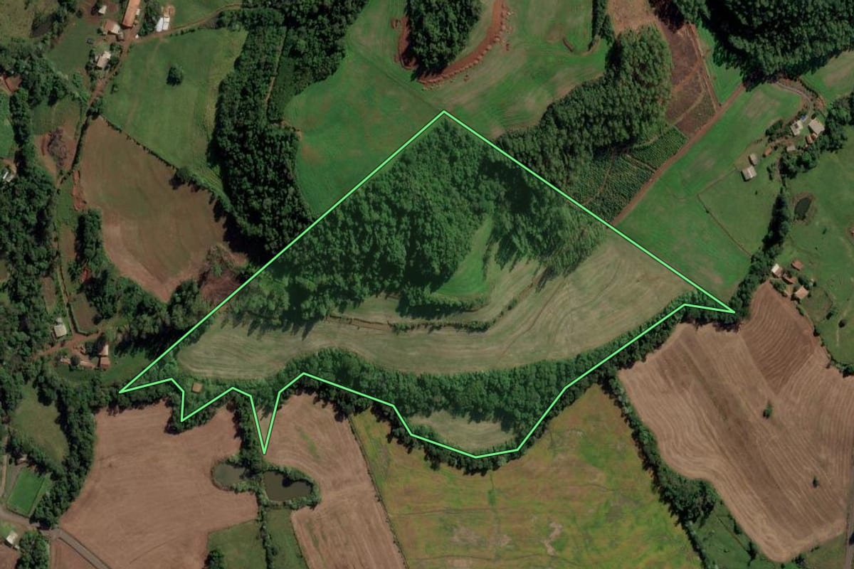 Imagem de satélite do imóvel rural em Iraceminha (SC), com o contorno declarado no CAR desenhado por cima.