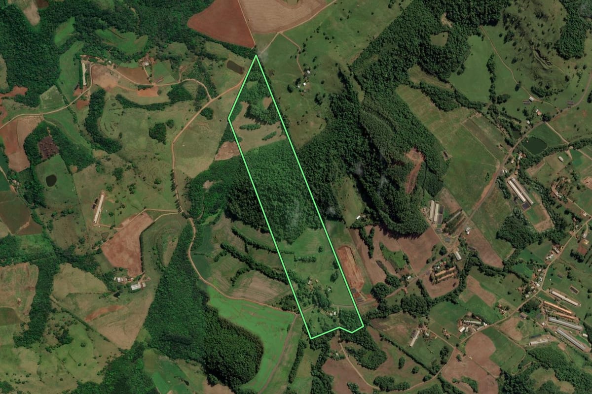 Imagem de satélite do imóvel rural em Iraceminha (SC), com o contorno declarado no CAR desenhado por cima.