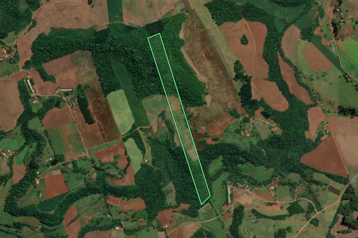 Imagem de satélite do imóvel rural em Iraceminha (SC), com o contorno declarado no CAR desenhado por cima.
