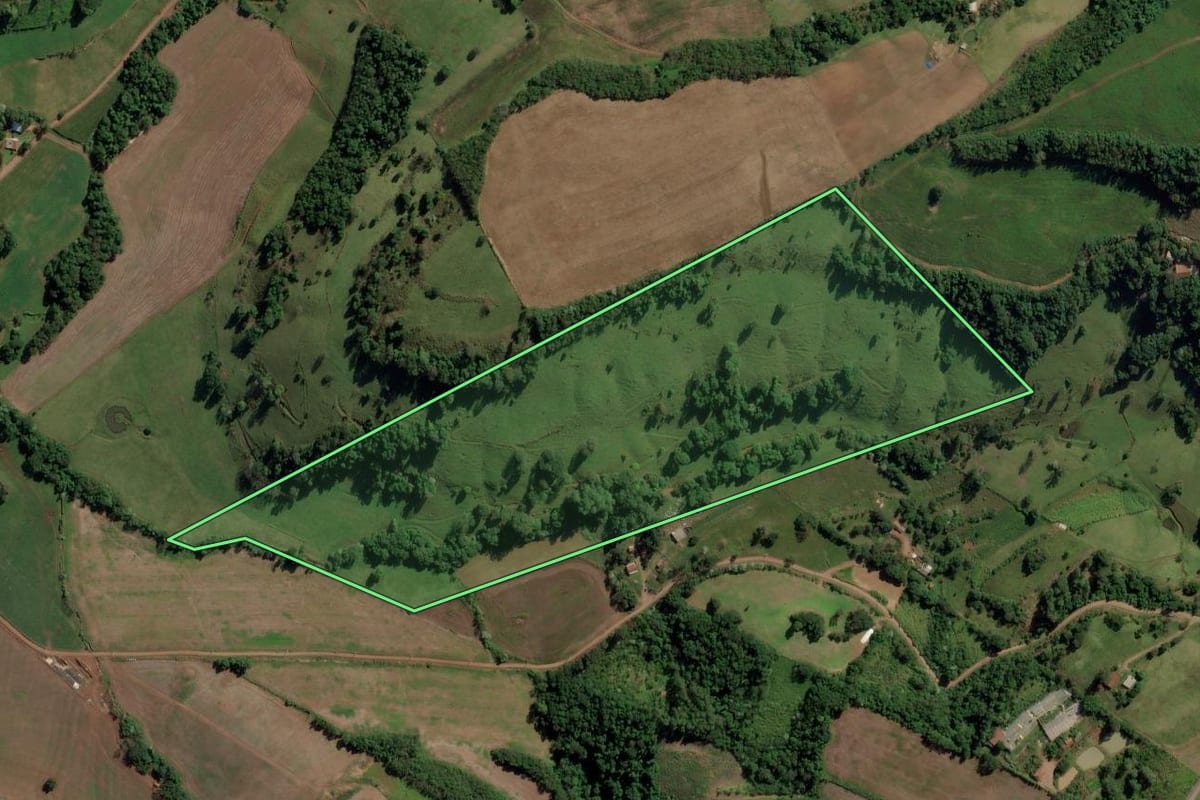 Imagem de satélite do imóvel rural em Iraceminha (SC), com o contorno declarado no CAR desenhado por cima.