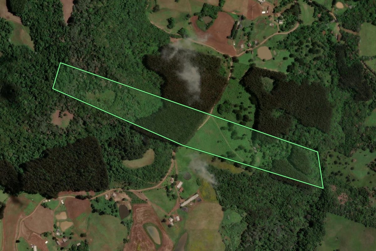Imagem de satélite do imóvel rural em Irani (SC), com o contorno declarado no CAR desenhado por cima.