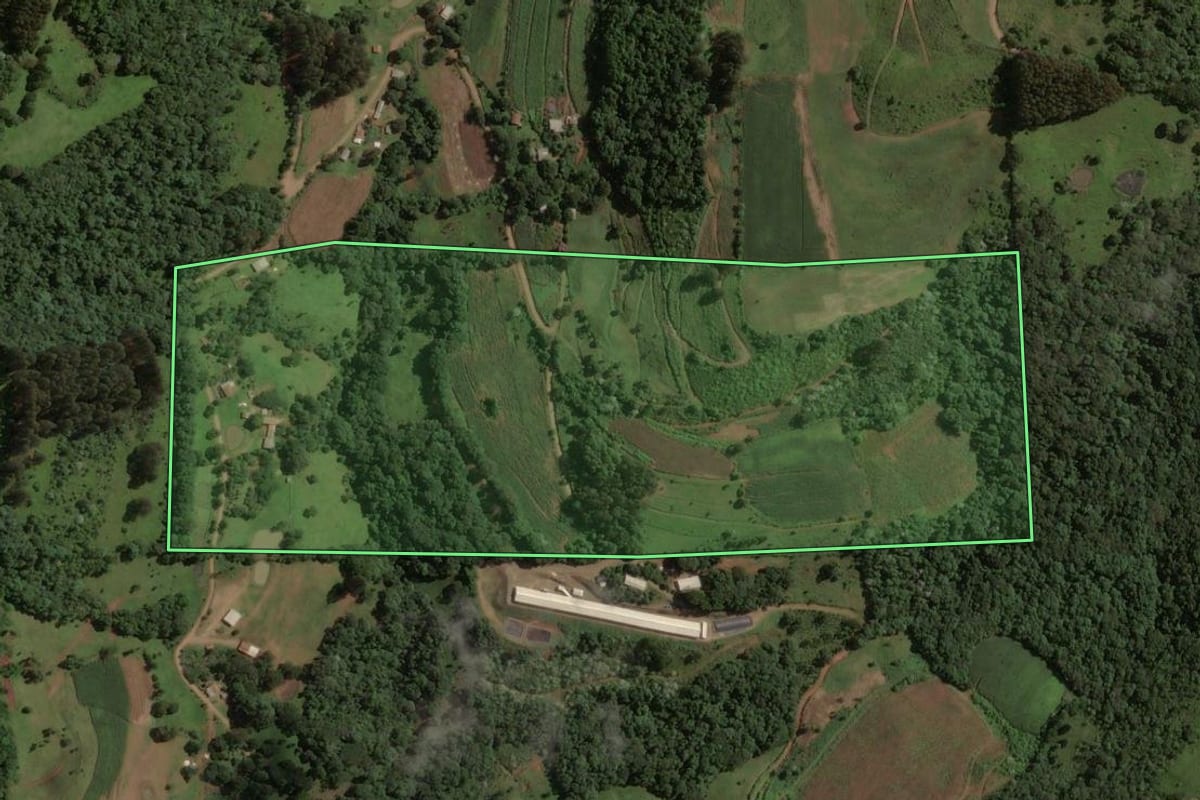 Imagem de satélite do imóvel rural em Irani (SC), com o contorno declarado no CAR desenhado por cima.