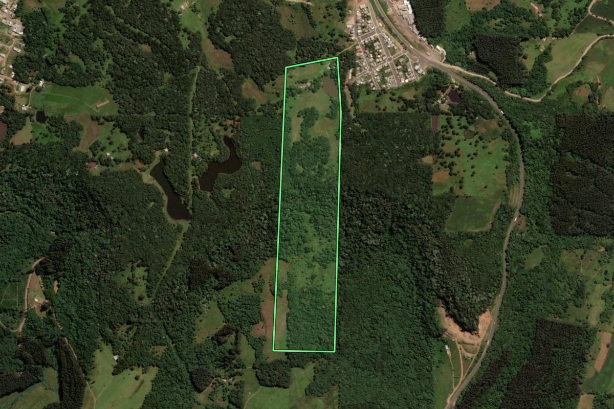 Imagem de satélite do imóvel rural em Irani (SC), com o contorno declarado no CAR desenhado por cima.