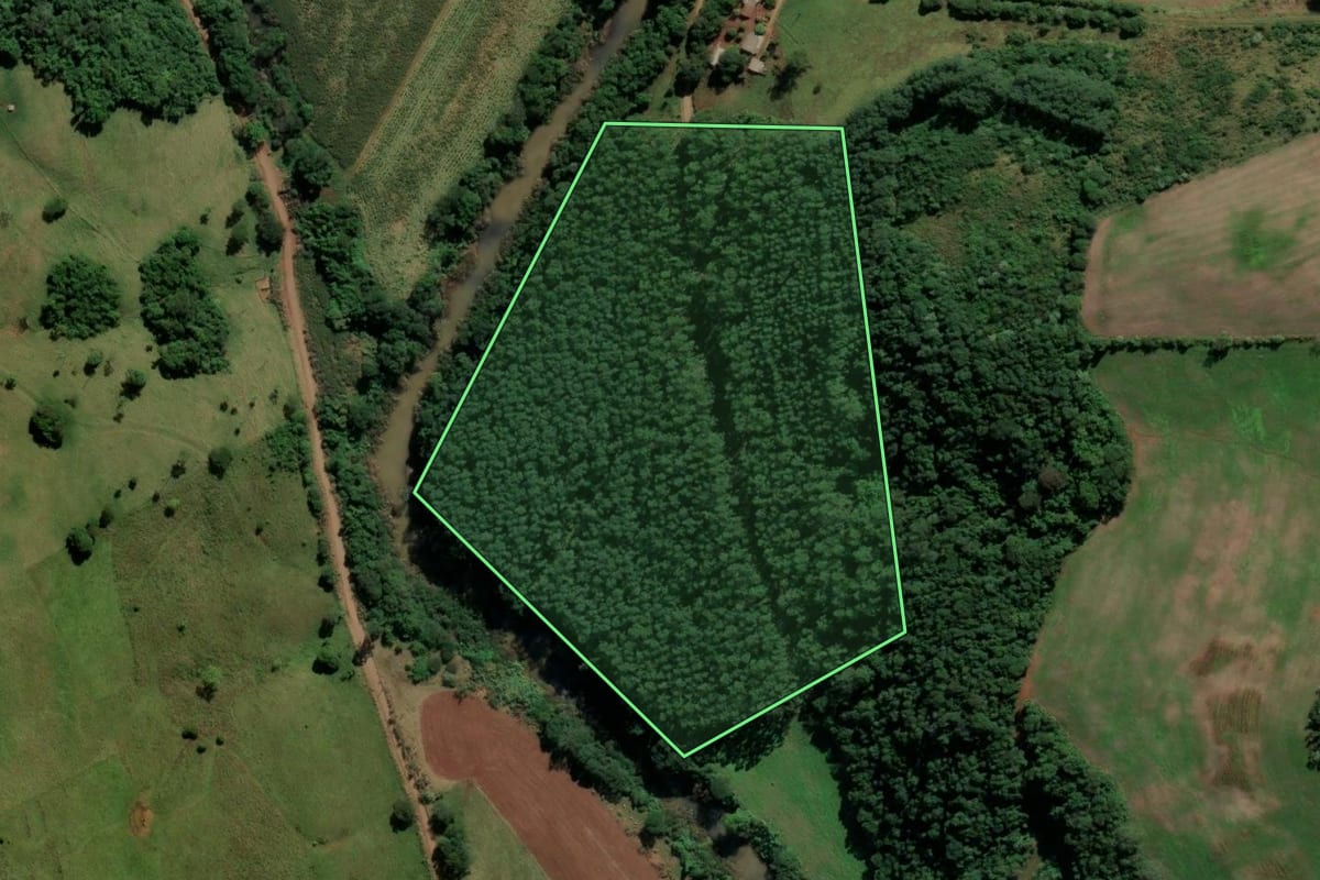 Imagem de satélite do imóvel rural em Irati (SC), com o contorno declarado no CAR desenhado por cima.