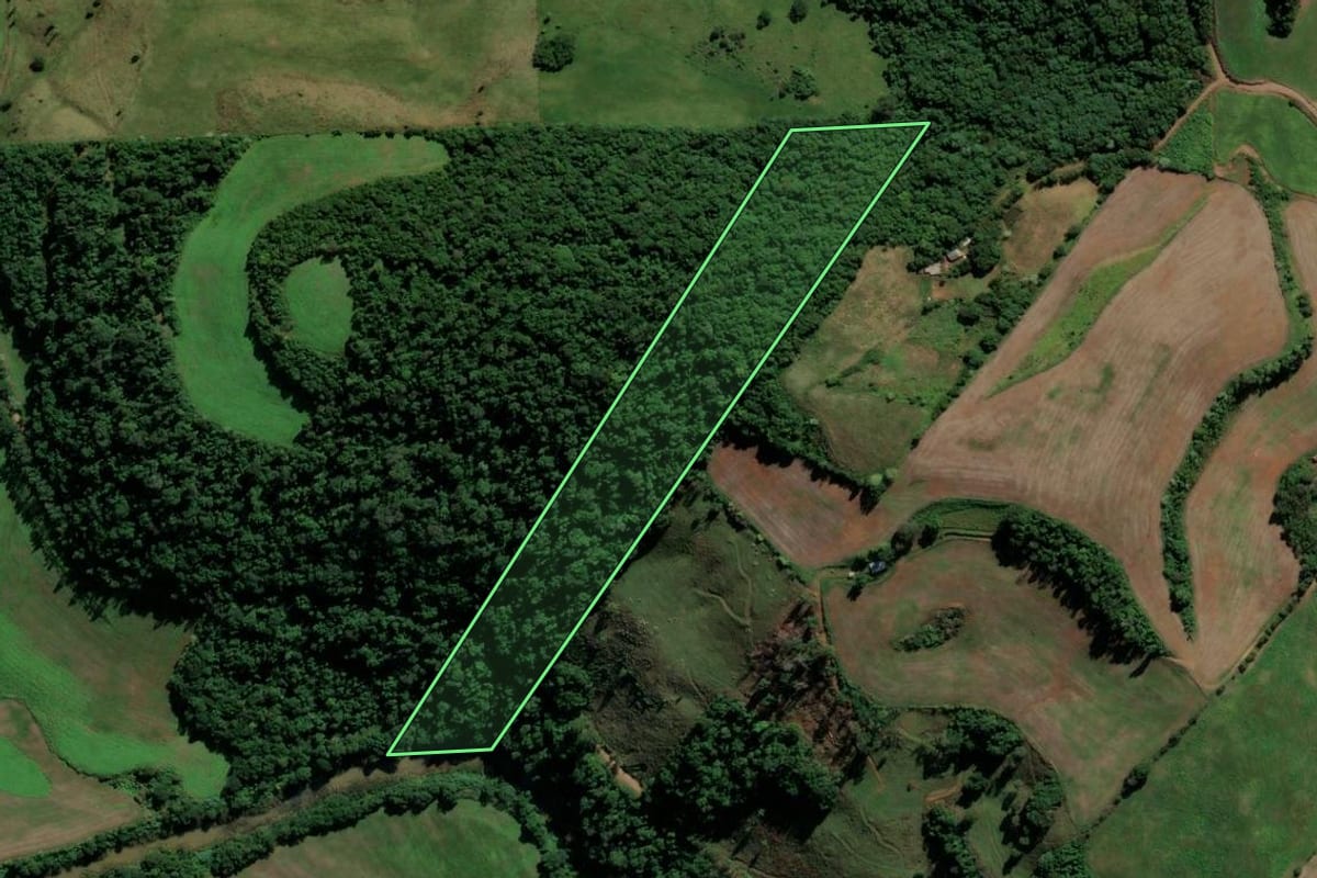 Imagem de satélite do imóvel rural em Irati (SC), com o contorno declarado no CAR desenhado por cima.