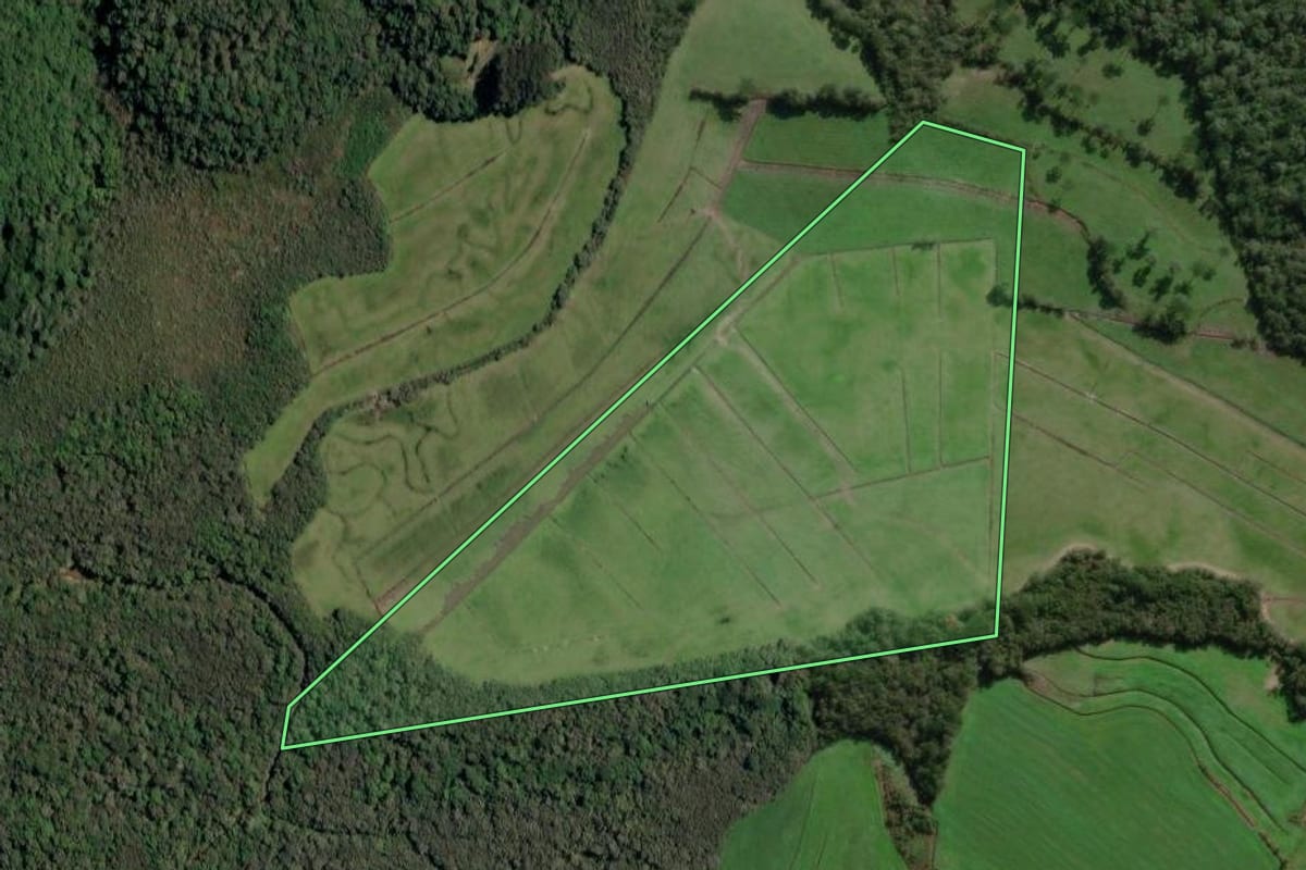 Imagem de satélite do imóvel rural em Irineópolis (SC), com o contorno declarado no CAR desenhado por cima.