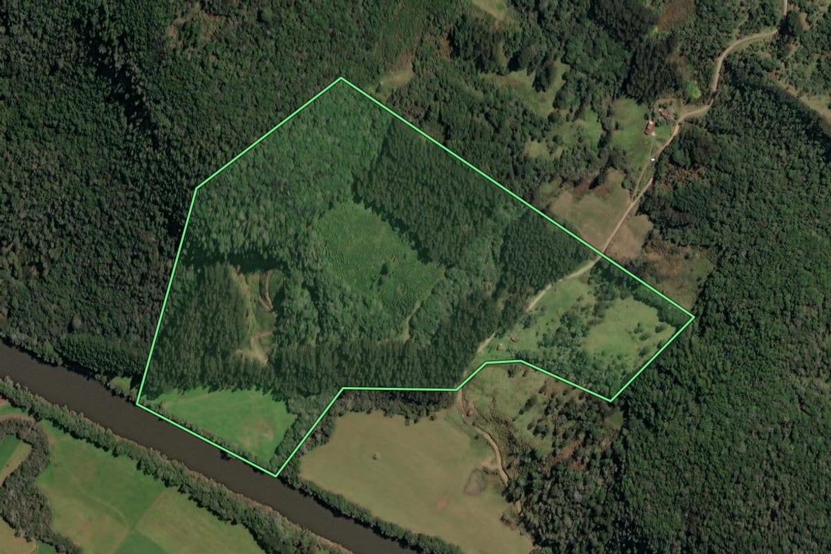 Imagem de satélite do imóvel rural em Irineópolis (SC), com o contorno declarado no CAR desenhado por cima.