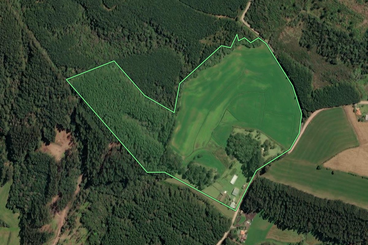 Imagem de satélite do imóvel rural em Irineópolis (SC), com o contorno declarado no CAR desenhado por cima.