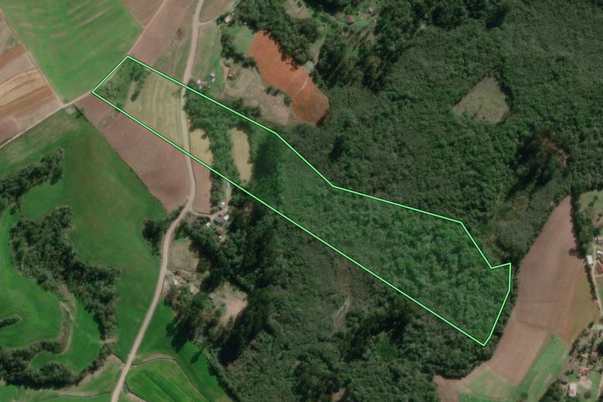 Imagem de satélite do imóvel rural em Irineópolis (SC), com o contorno declarado no CAR desenhado por cima.