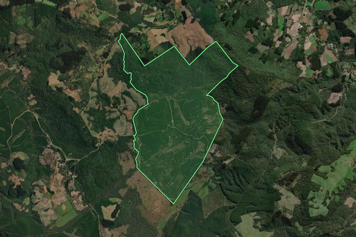 Imagem de satélite do imóvel rural em Irineópolis (SC), com o contorno declarado no CAR desenhado por cima.
