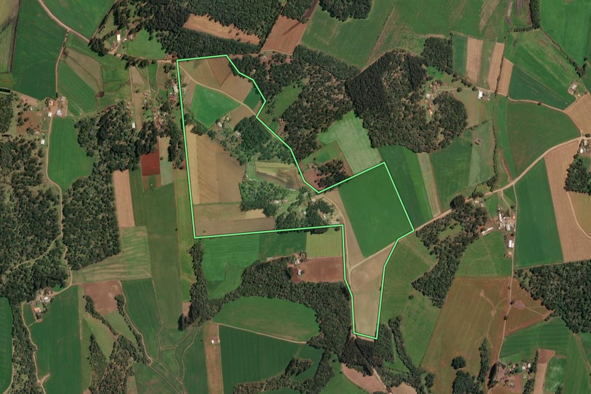 Imagem de satélite do imóvel rural em Irineópolis (SC), com o contorno declarado no CAR desenhado por cima.