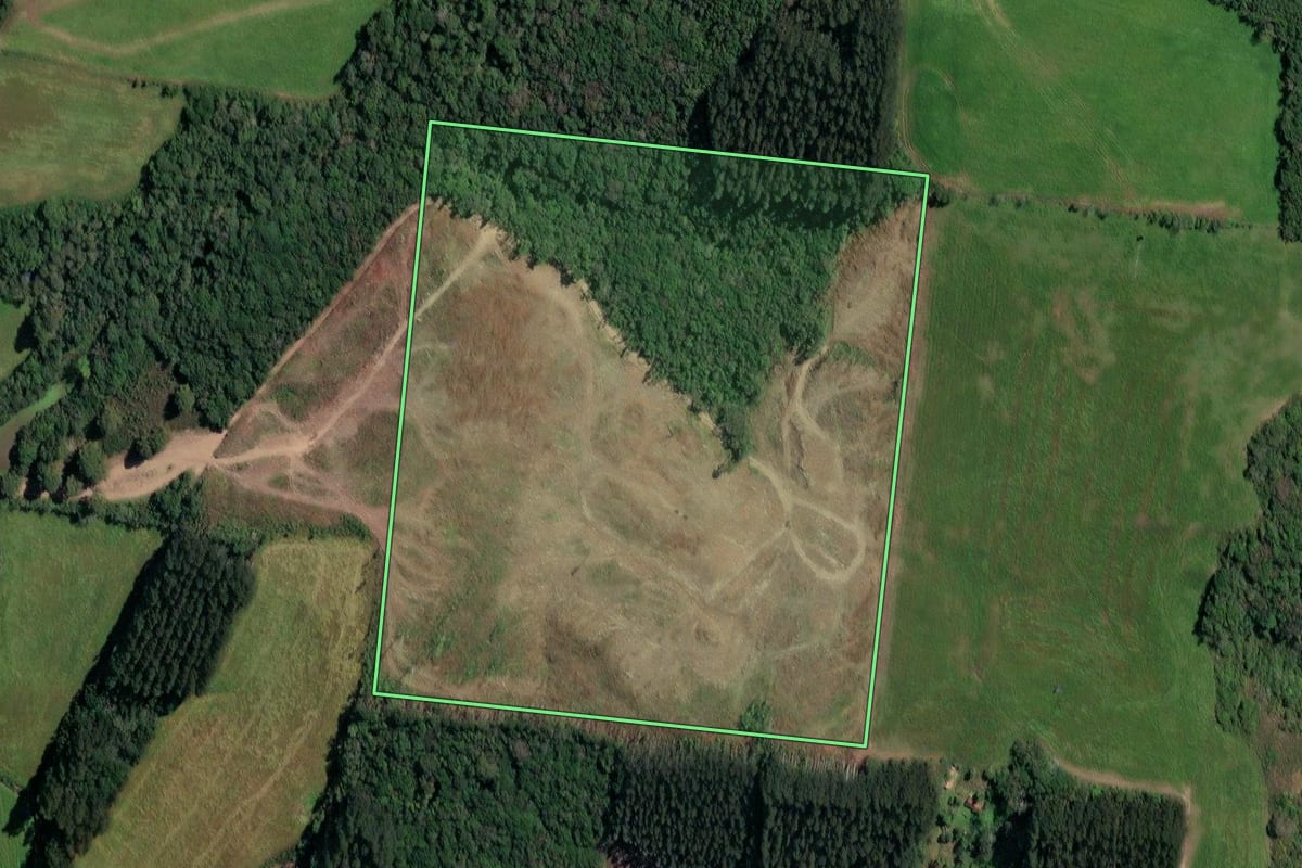 Imagem de satélite do imóvel rural em Irineópolis (SC), com o contorno declarado no CAR desenhado por cima.