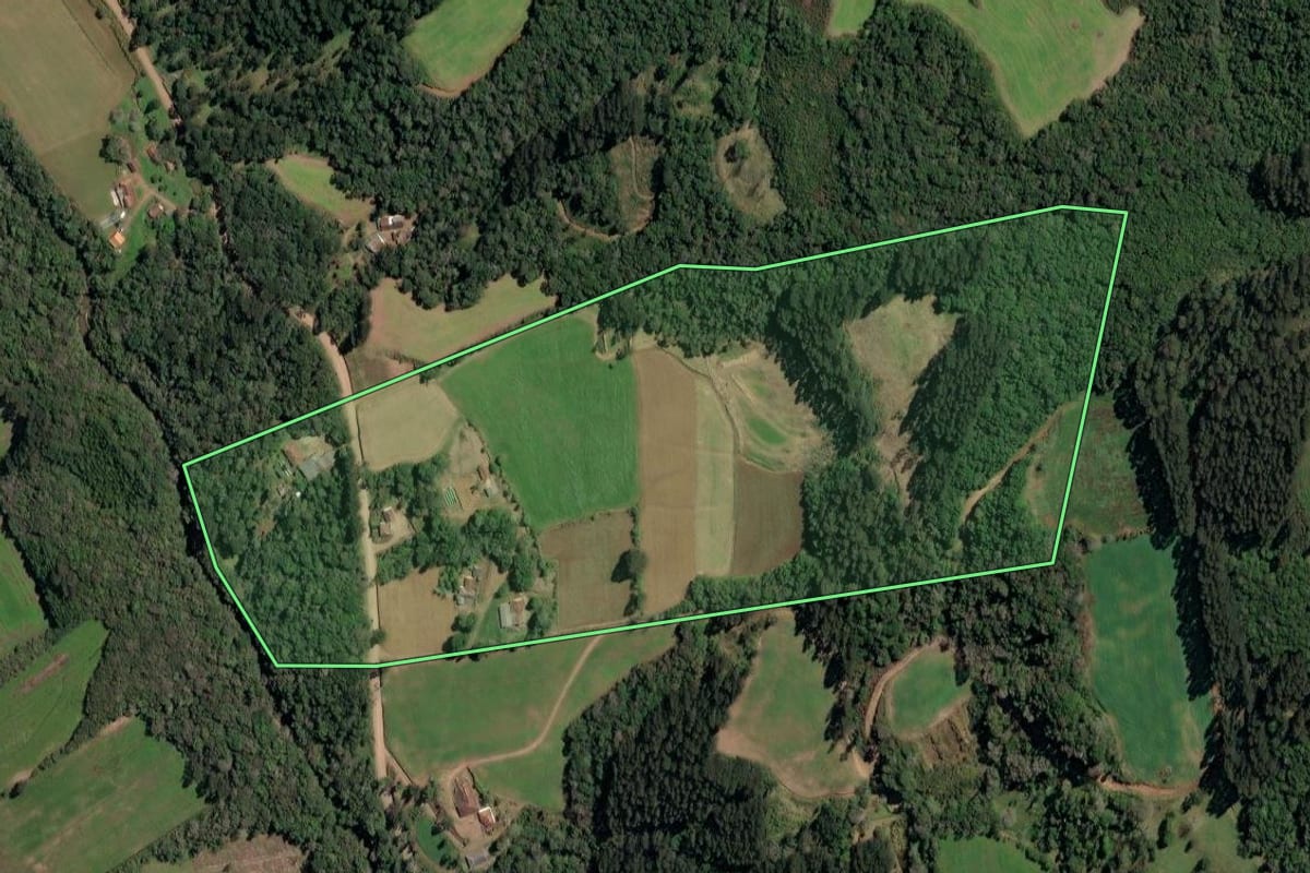 Imagem de satélite do imóvel rural em Irineópolis (SC), com o contorno declarado no CAR desenhado por cima.